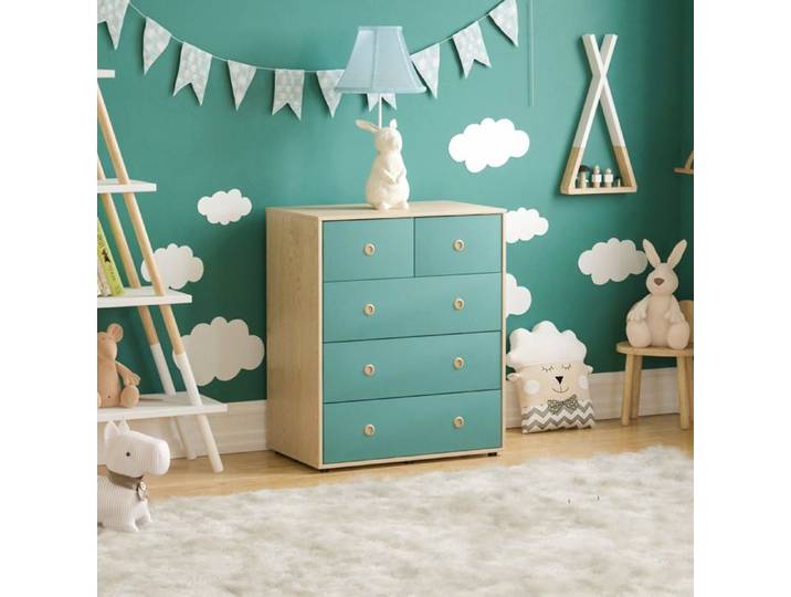 Commode 5 tiroirs Neptune Bleu & Chêne Meuble de Rangement Moderne Chambre Enfants