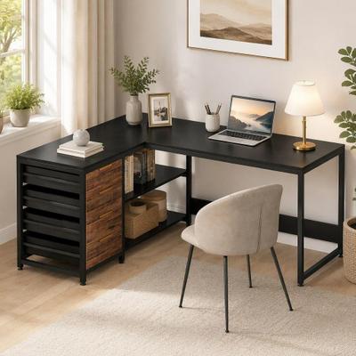 "59"" L-Shaped Desk, Reversible Corner Desk with Drawers & Shelves"