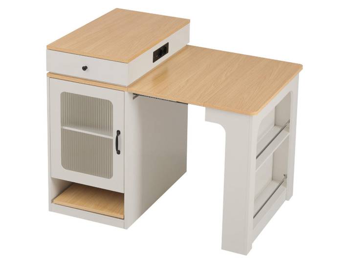 Modfu Kücheninsel aus MDF 80x71-151x92 cm Weiß mit Steckdosenleiste, 151x92x80 cm, Küchen, Küchenmöbel, Kücheninseln