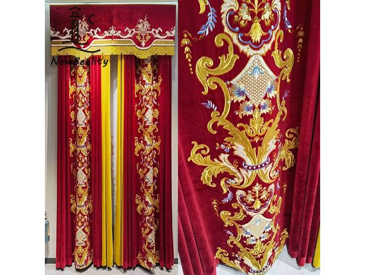 Rideaux brodés en velours rouge rétro de luxe européen, pour mariage, fenêtre Super haute, Villa française, taille personnalisée, décoration de cantonnière