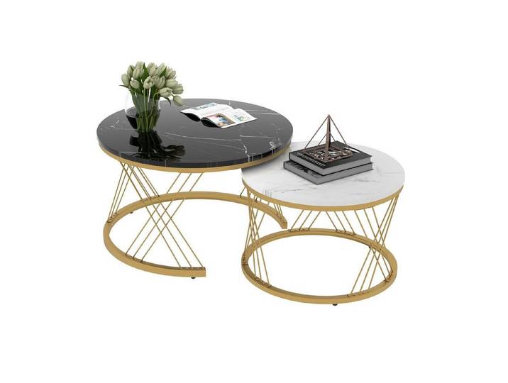 Merax Couchtisch (2-St), set hochglanz Satztisch in Marmoroptik, Beistelltisch mit Metallrahmen