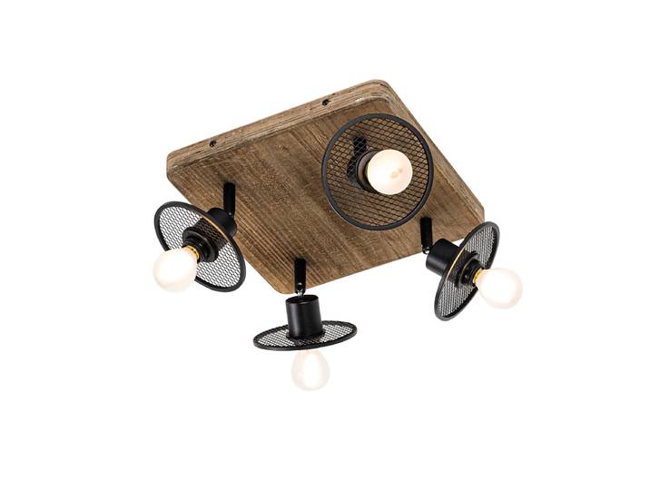 Plafonnier industriel noir avec bois 4 lumières - Jasmine