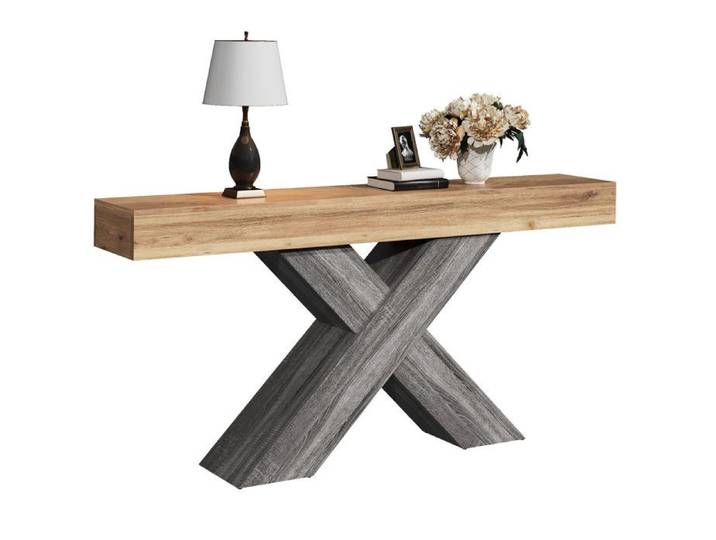Console fine avec structure en X table console en panneau imitation bois parfaite pour l'entrée et le salon design compact