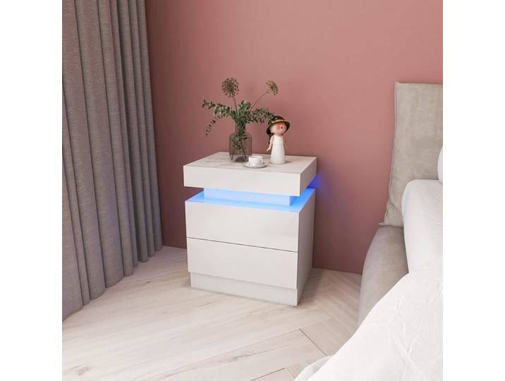 Table de nuit LDSZXNE Table de chevet LED Table d'appoint Blanche 2 tiroirs H 52cm