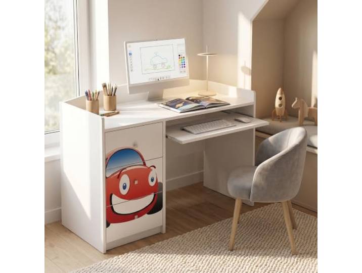 Happy Babies Weißer Kinderschreibtisch mit Schublade und Schrankfach, Schülerschreibtisch für Jungen & Mädchen, PC-Tisch Lerntisch mit Motiv (Nr 11)