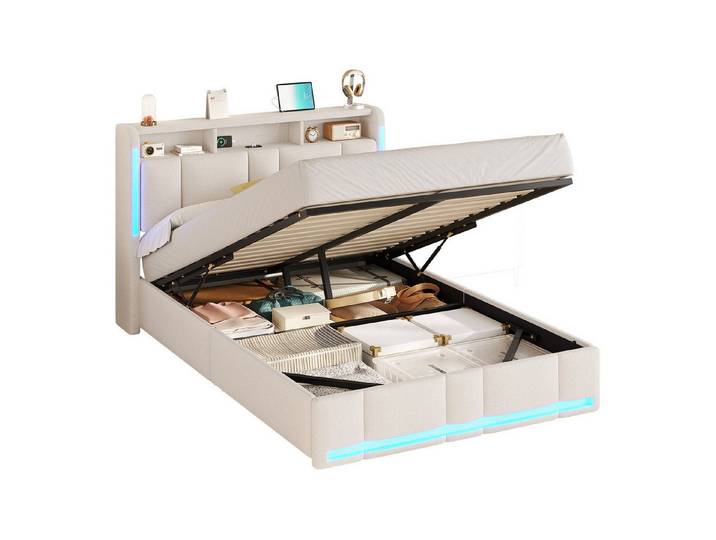 MSMASK Polsterbett mit Steckdosen & LED Beleuchtung, Stauraum und Kopfteil, 150×215 cm, Beige, mit Stauraum & LED Beleuchtung