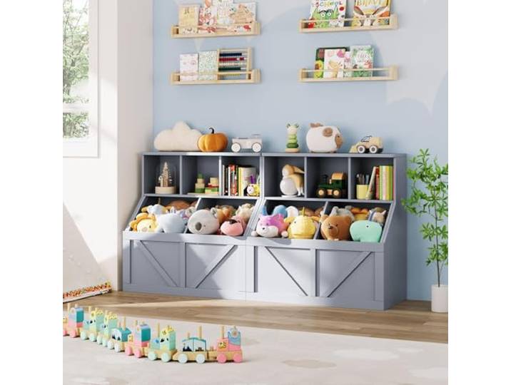 IDEALHOUSE 2er-Set Kinder-Bücherregal Mit Spielzeugaufbewahrung - Holz-Organizer Mit Offenen Cubby-Fächern Und Stoffboxen Fürs Kinderzimmer, Spielzimmer Und Kita