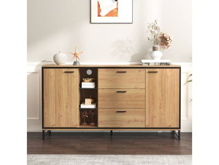 Buffet design moderne 3 tiroirs - Motif bois exquis et tons noir/bois - Élégant et fonctionnel pour salon