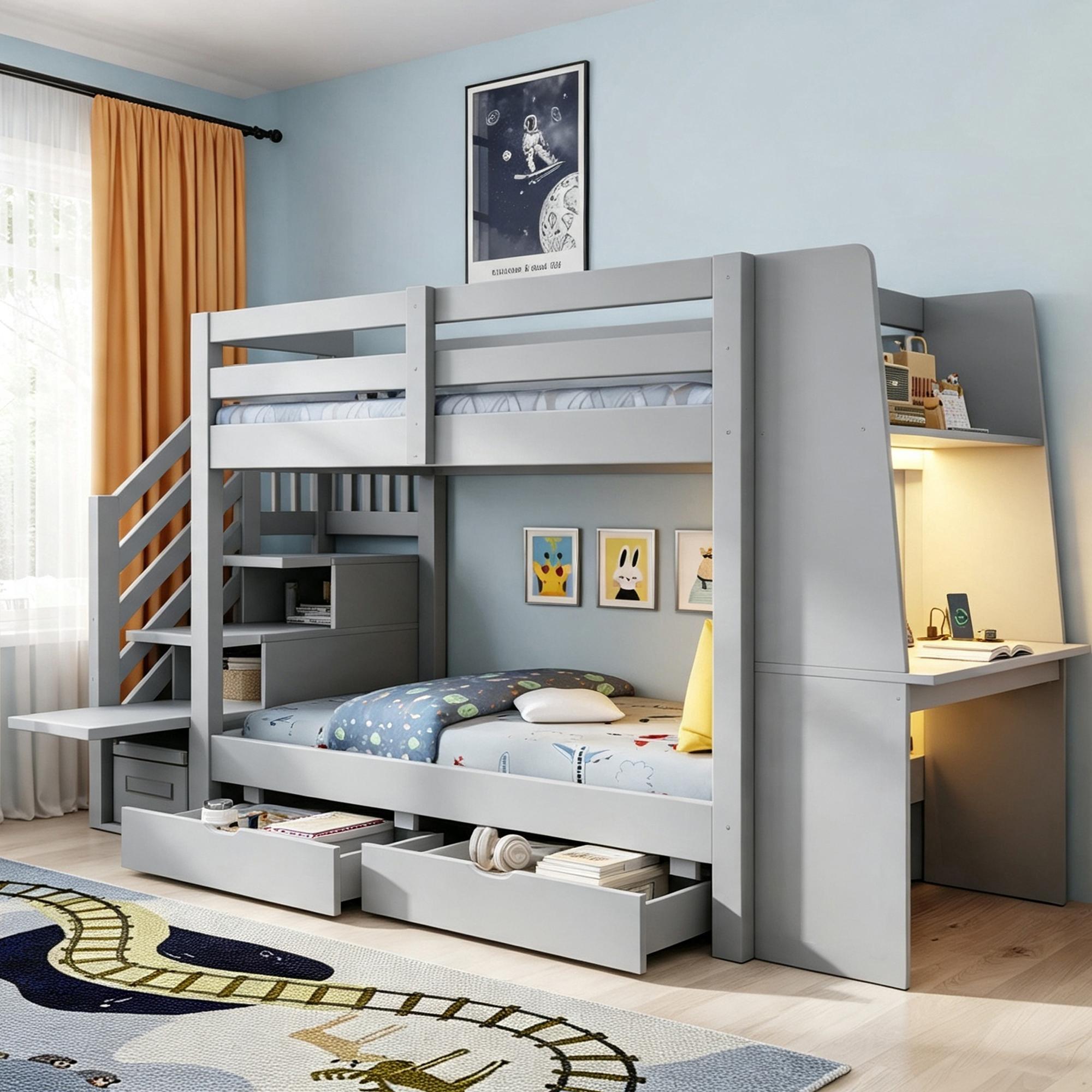 Etagenbett 90 × 200 cm, Grau, Integrierter Schreibtisch, Offene Ablagefächer, Treppe mit Stauraum, LED-Beleuchtung, Integrierte Steckdose