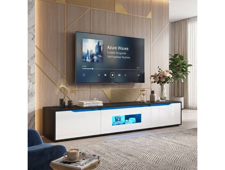 Meuble TV suspendu 180cm Grand rangement Design soigné laqué LED USB