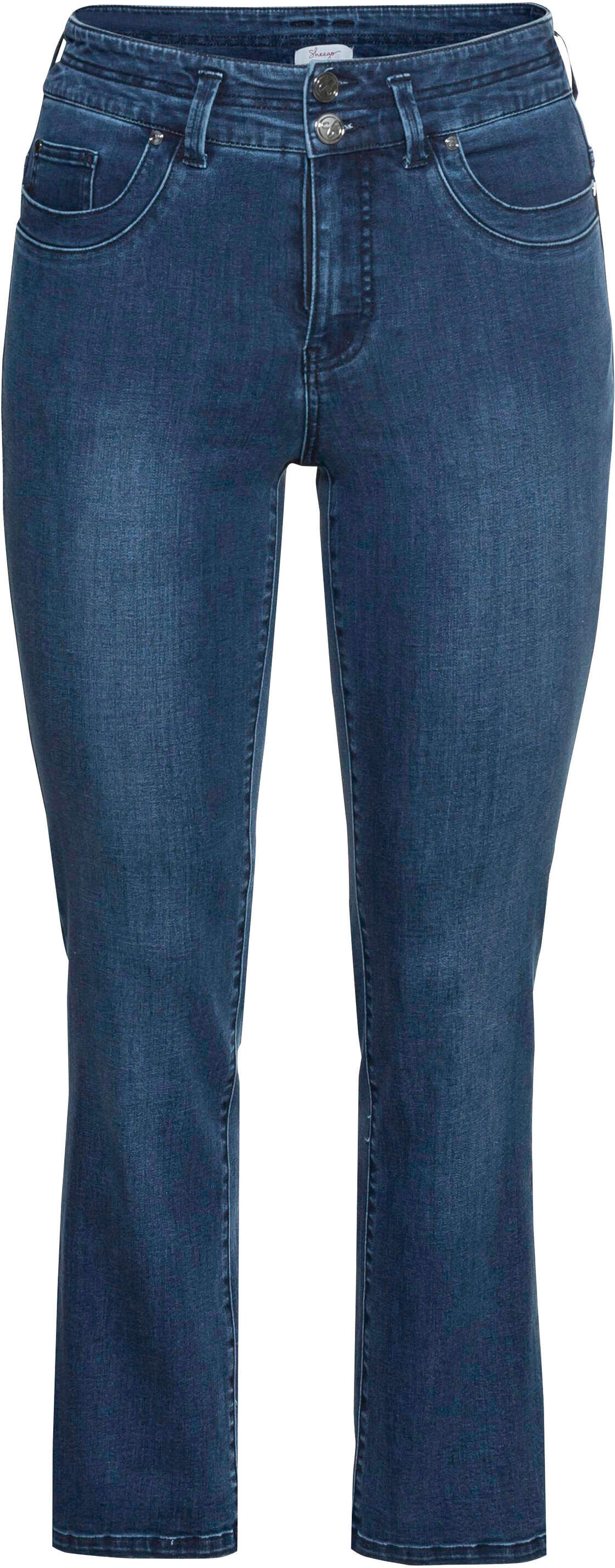 Bequeme Jeans SHEEGO "Jeans Gerade Jeans für kräftigere Oberschenkel", Damen, Gr. 40, N-Gr, dunkelblau denim, Sportlich, Jeans Bequeme Jeans, MANUELA für eine schmale Taille und kräftige Oberschenkel