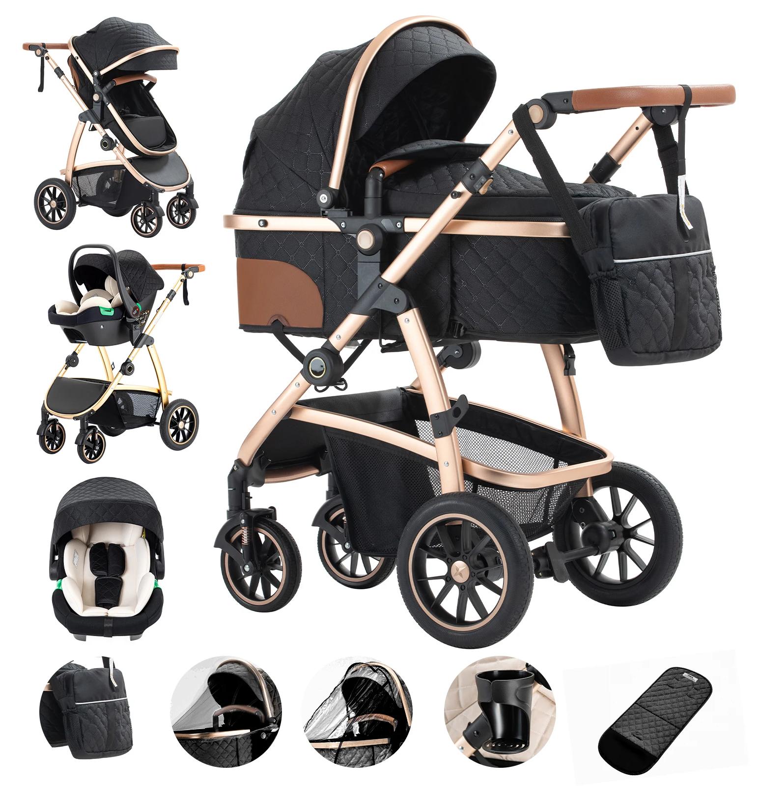 3-in-1 Kombikinderwagen - Reisebuggy - Höhenverstellbarer Schiebegriff - Moskitonetz - Faltbarer Aluminiumrahmen - Bis 20 kg - Schwarz