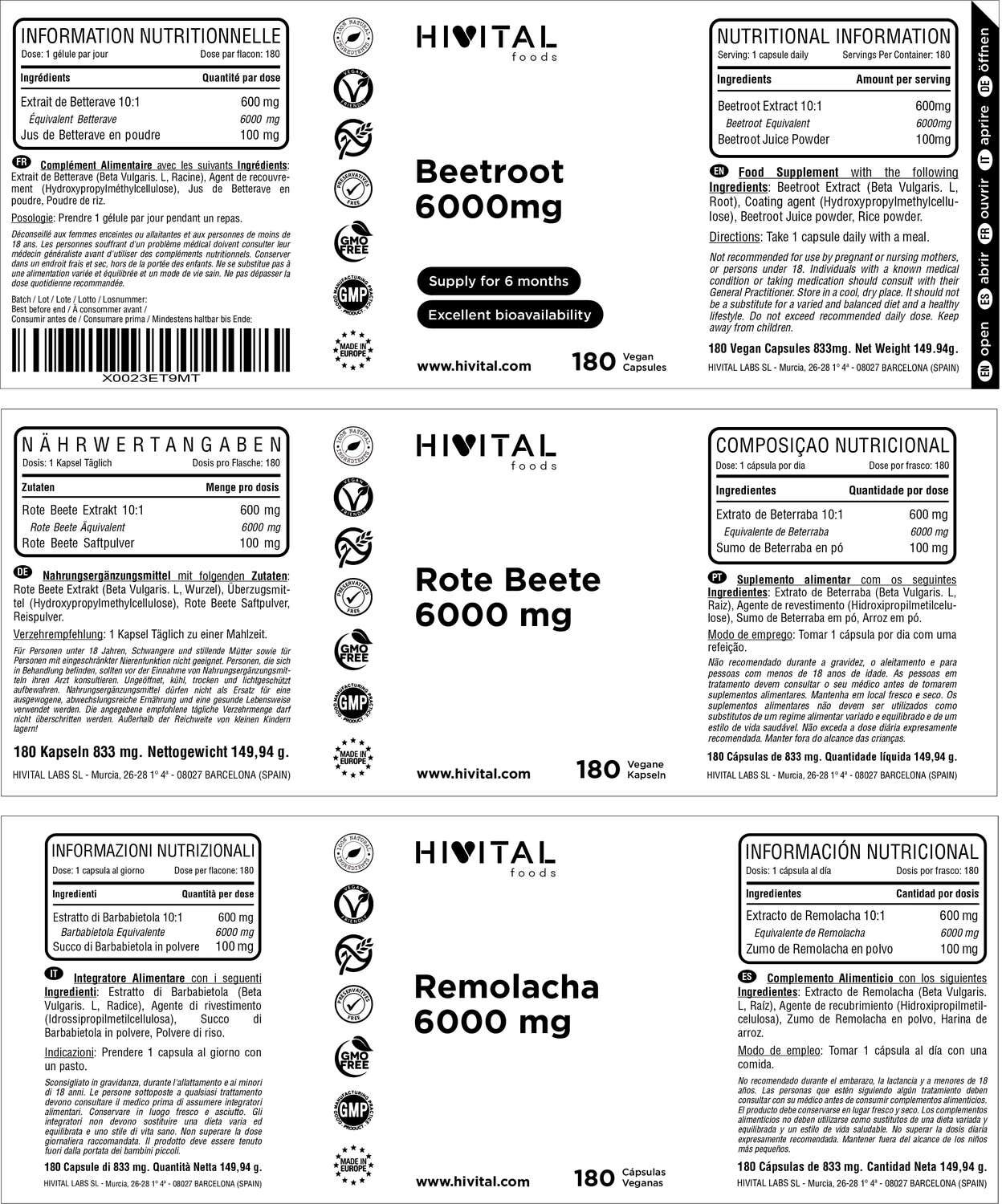 Hivital Foods HIVITAL Remolacha 6000 mg 180 cáps