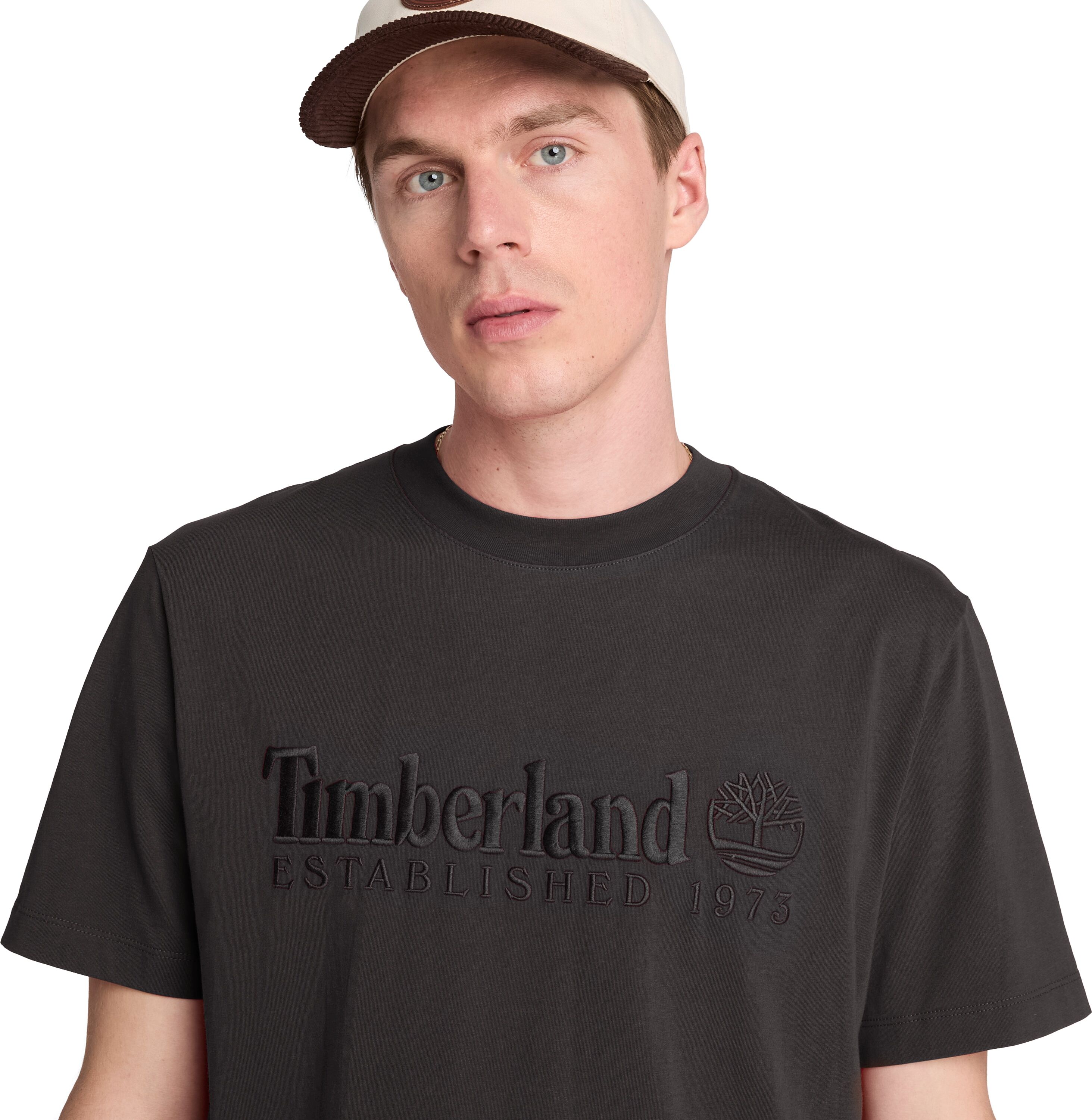 T-Shirt TIMBERLAND "ESTABLISHED 1973 - SS Embroidered Tee", Herren, Gr. S, grau (vintage schwarz), Jersey, Obermaterial: 100% Baumwolle, normal, Rundhals, Shirts T-Shirt, Kurzarm, mit Rundhalsausschnitt, aus Baumwolle, normale Schnittform vintage schwarz 