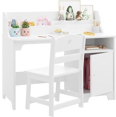 YUN Kids Study Desk with Chair, Wooden Children’s Desk with Hutch & Storage Cabinet for Ages 3–12