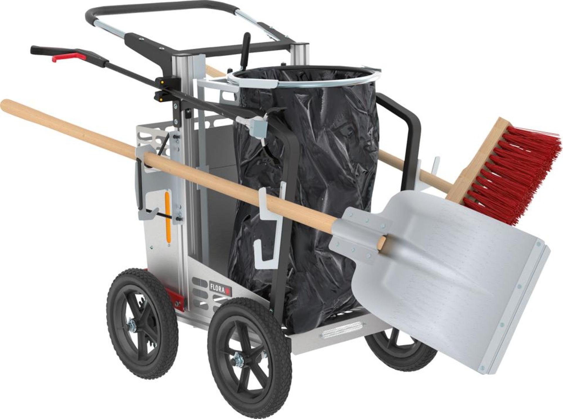 Reinigungswagen-Set, 2 Achsen, Müllsackhalter, Greifzange, Aluminiumschaufel, Straßenbesen, abschl. Handfach, Feststellbremse, BxTxH 900x710x1030 mm