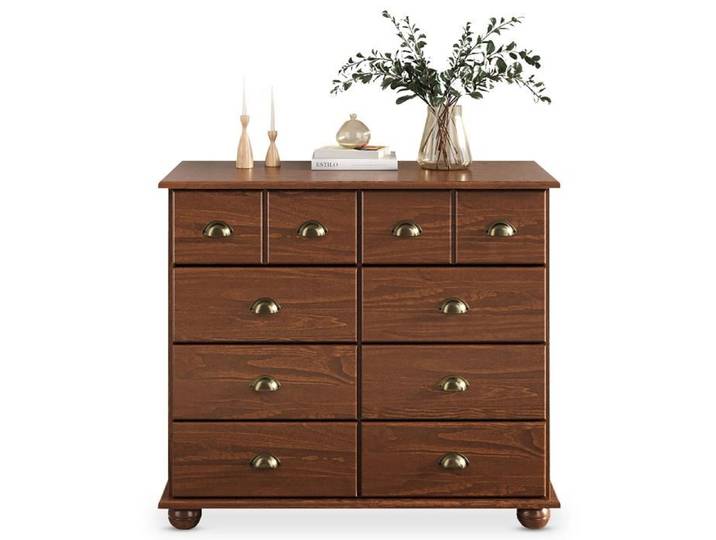 Commode chambre COLMAR L 92 cm 8 tiroirs en bois massif brun foncé chiffonnier apothicaire rangement avec poignées en métal
