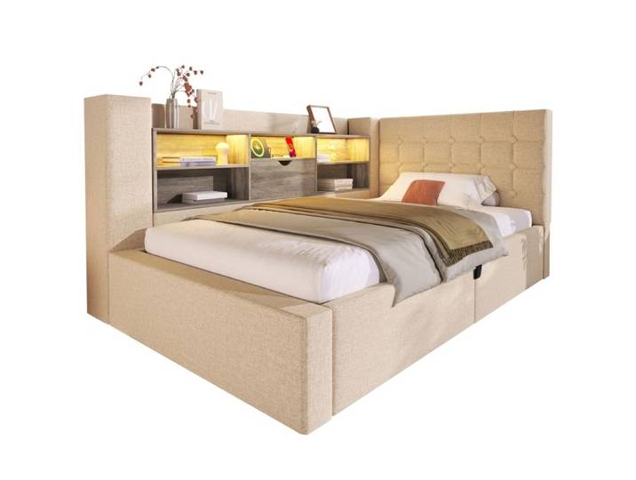 Lit simple rembourré en lin 90x200cm avec éclairage LED lit coffre hydraulique avec rangement tête de lit en L avec rangement Beige