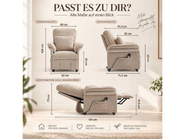 KAUFHOF Elektrische relaxfauteuil met 2 motoren, beige corduroy Elektrische relaxfauteuil met onafhankelijk verstelbare rugleuning &amp; voetensteun, 95°–175° kantelbaar, vergrendelbare wielen &amp; 2 zijvakken