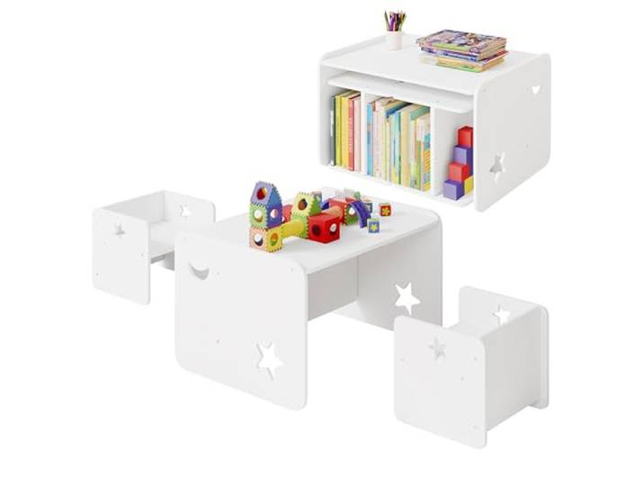 WOLTU Kindertisch mit 2 Stühlen Tisch Stuhlset Kleinkindertischset, Weiß Kinder Montessori Tisch Stuhl Set, Kindersitzgruppe, Kindersitzbank, Multifunktions Möbelset für Zuhause Kindergarten