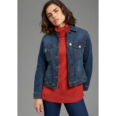 Jeansjacke ARIZONA, Damen, Gr. 42, blau (dunkelblau us), Denim/Jeans, Obermaterial: 98% Baumwolle, 2% Elasthan, Basic, figurbetont kurz, abgestepptes Bündchen mit Knöpfen, Jacken Jeansjacke, aus Baumwollmischung, figurbetont, in Stretch-Qualität