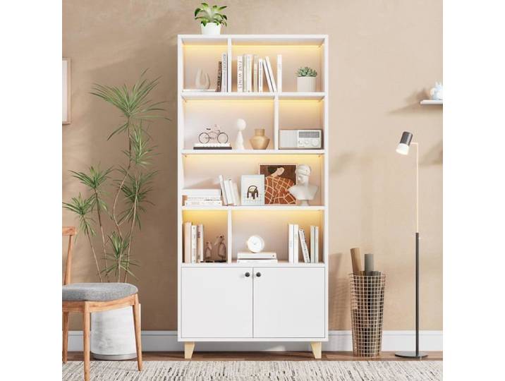 Bibliothèque-80x30x173cm-lumière d'ambiance LED à changement de couleur-double porte-pieds en bois massif-4 étagères de rangement