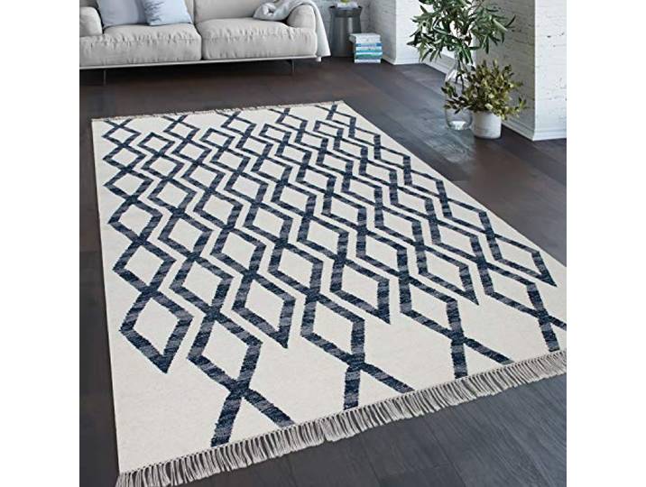 Paco Home Teppich Wohnzimmer Boho Stil Fransen Handgewebt Woll-Baumwoll Gemisch Blau, Grösse:120x170 cm