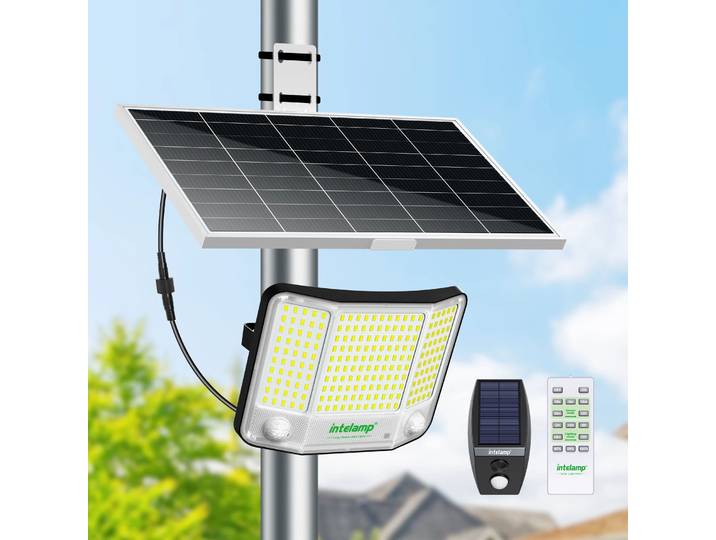 Projecteurs solaires d'extérieur Intelamp à longue autonomie (20000 mAh) avec panneau solaire de grande taille, charge plus rapide, double détecteur de mouvement, portée plus large et plus longue pour
