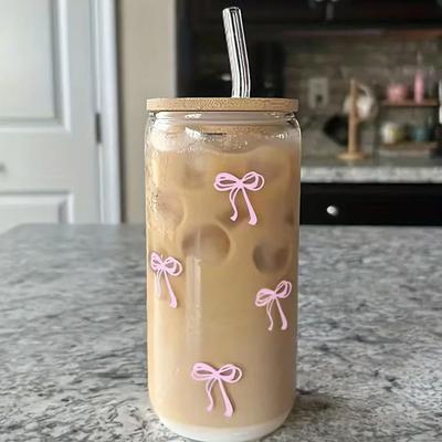Multicon Wholesale Hub Cute Aesthetic Bow Shape Glass Cup With Lid, Straw Drinkware Iced Coffee Tumbler Matcha Tea Bottle Girls Gift Cute Aesthetic Bow Shape Glass Cup With Lid, Straw Drinkware Iced Coffee Tumbler Matcha Tea Bottle Girls Gift