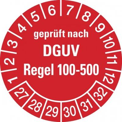 König Werbeanlagen Prüfplakette ab 27, DGUV Regel 100-500, rot/weiß, Folie, Ø 30 mm - Bogen = 10 Plaketten - 30 mm Folie selbstklebend