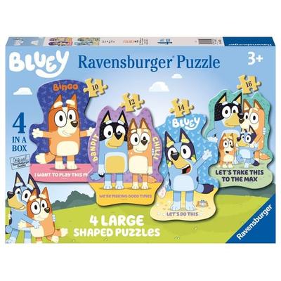 Ravensburger Kinderpuzzle 03132 - Bluey: Auf geht's! - 4 konturgeformte Puzzles mit 10, 12, 14 und 16 großen, stabilen Puzzleteilen, für kleine