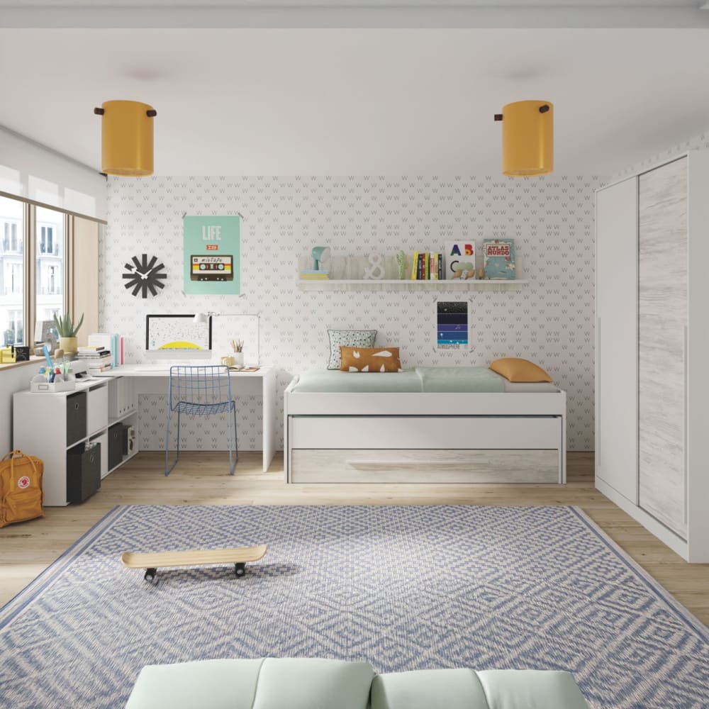 duehome Cama doble juvenil con estante nuit melamina, blanco artik
