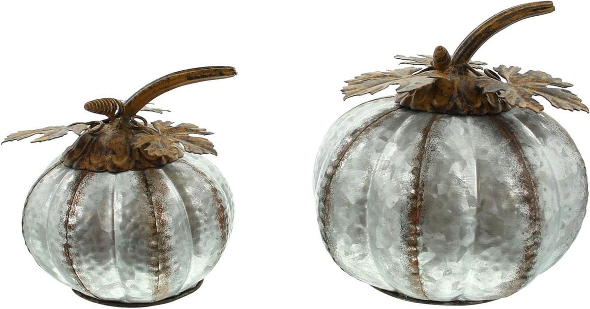 Metalen pompoen set van 2 met roestbladeren voor herfstdecoratie