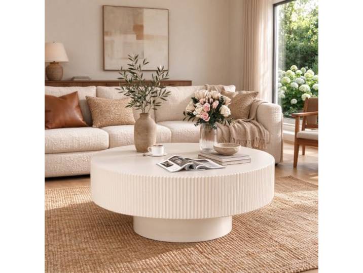Runder Couchtisch aus Holz, moderner Trommel-Couchtisch für kleine Räume Wohnzimmertisch im Mid-Century-Stil, glatte Lackierung, einfache Montage