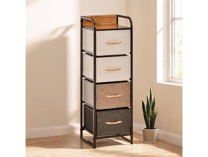 Commode chiffonnier multicolore en polyester 4 tiroirs pliables – structure acier noir – 31 x 29 x 99 cm