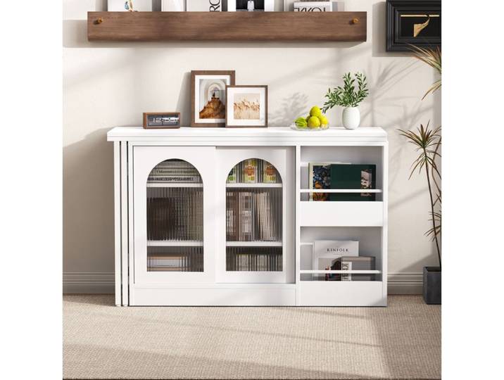 WOVREO table bar extensible avec plateau rotatif 360° rangement et portes vitrées blanc
