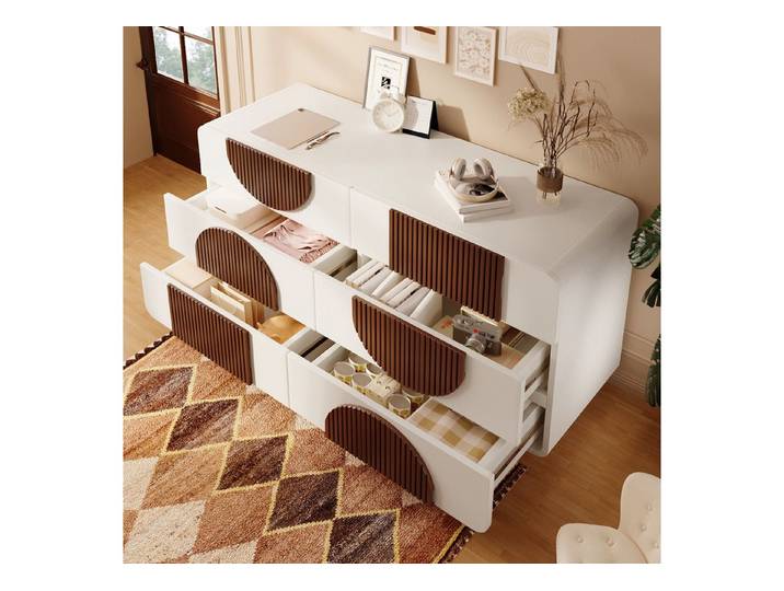 HAUSS SPOLE Sideboard mit Kippsicherung,Aufwahrungsschrank Beistellschrank mit Schubladen (Kommode, Anrichte, Beistellschrank, 1 St., Leise Schiebe-Schubladen, Kippsicherung), mit schokoladenfarbenen Holzleisten