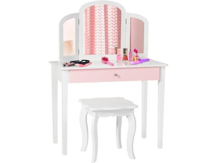 GOPLUS Coiffeuse pour Enfant avec Tabouret Miroir Pliant 1 Tiroir de Rangement Accessoire de Maquillage Style Princesse Blanc