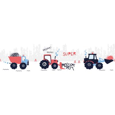 Bordüre A.S. CRÉATION "Super Tractor", bunt (weiß koralle dunkelblau), B:0,16m L:5m, Papier, Tapeten, Papier Wand Schräge Tür Borte Wohnzimmer Schlafzimmer Küche Flur Optik