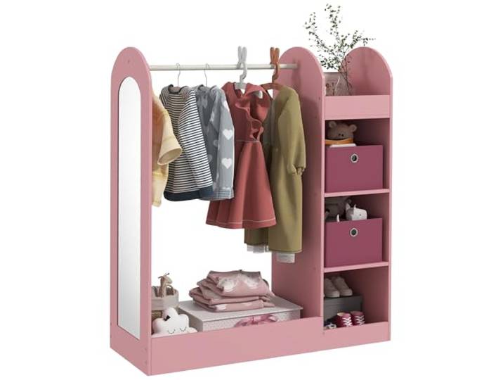 AIYAPLAY Kleiderstange, Verkleidungsaufbewahrung, Boxen, Spiegel, Pink Boxen, Kinderkleiderschrank, Verkleidungsbereich, Schlafzimmer, Kinderzimmer