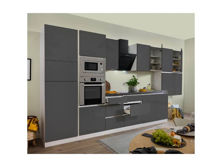 Küchenzeile Lorena VI 445cm Grau/Hochglanz Grau/Granit Dekor mit Elektrogeräten