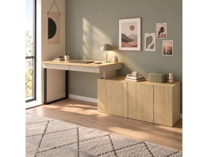 Lomadox Jugendzimmer Schreibtisch mit Schrank 228 cm breit in Beige mit Eiche, flexibel montierbar -