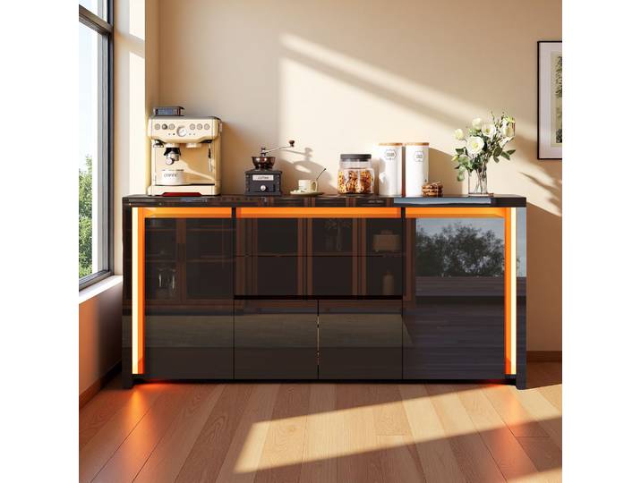 Rosahqnda Buffet moderne brillant, armoire autoportante à 2 tiroirs, commode de salon avec LED, sans poignée