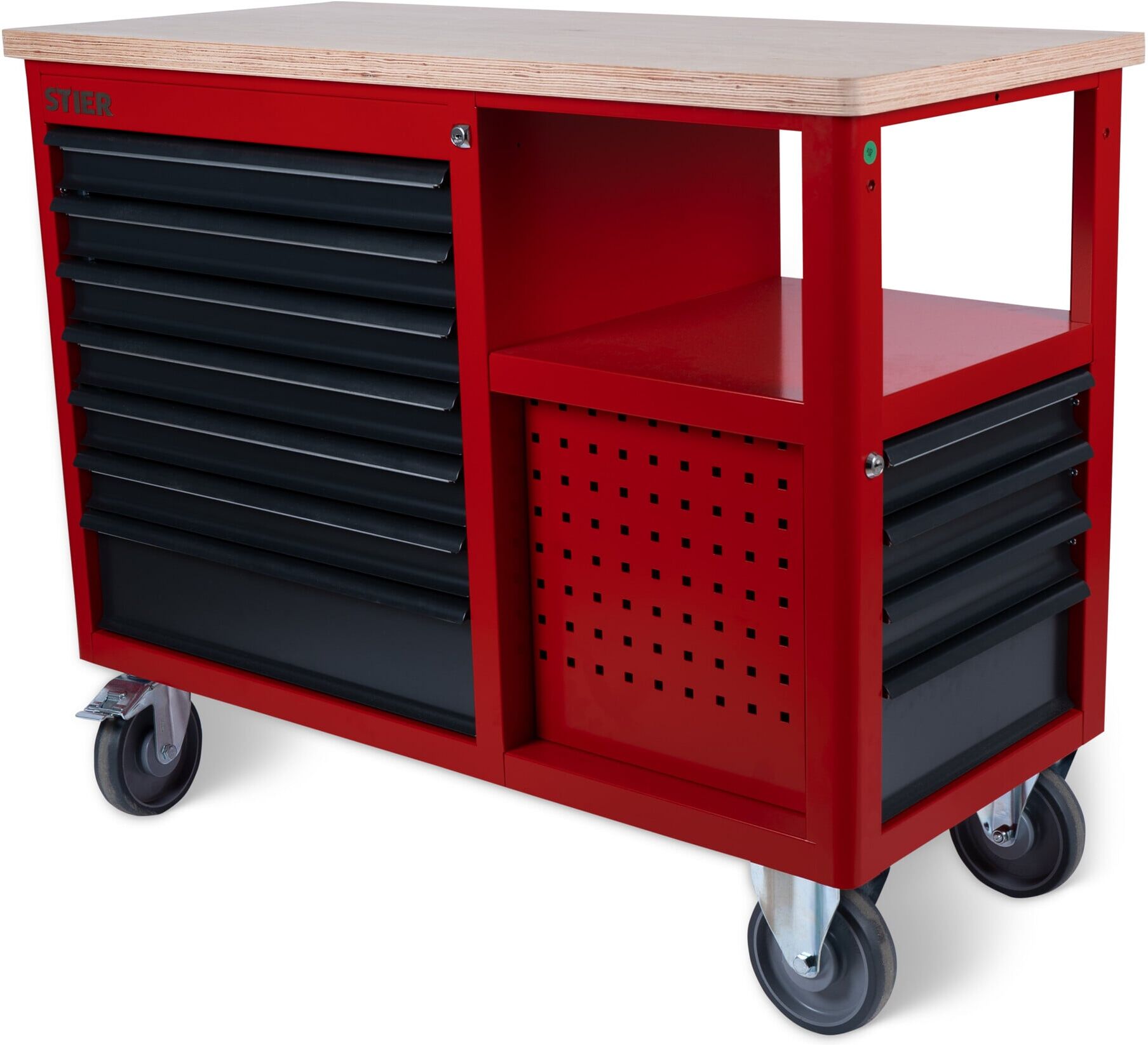 STIER Fahrbare Werkbank Open Space, Lochwand, 11 Schubl., 300kg, 930x1150x520 (907523)