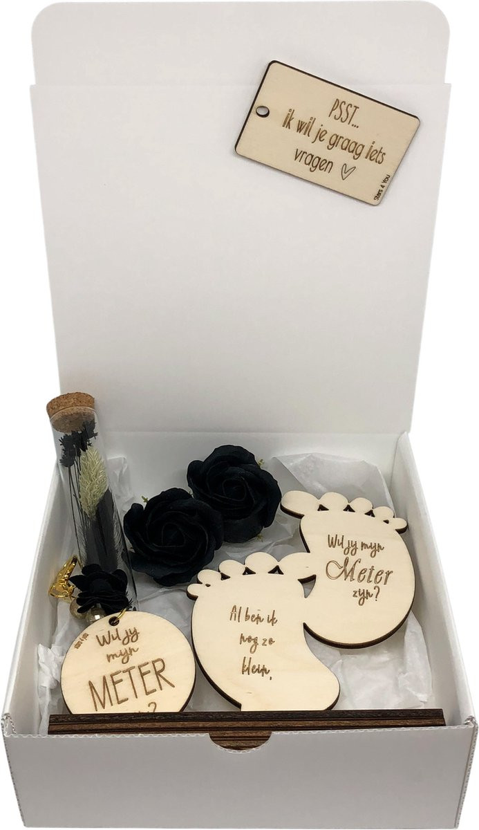 Geschenkbox Wil jij mijn METER zijn? met sleutelhanger en droogbloemen - Zwart