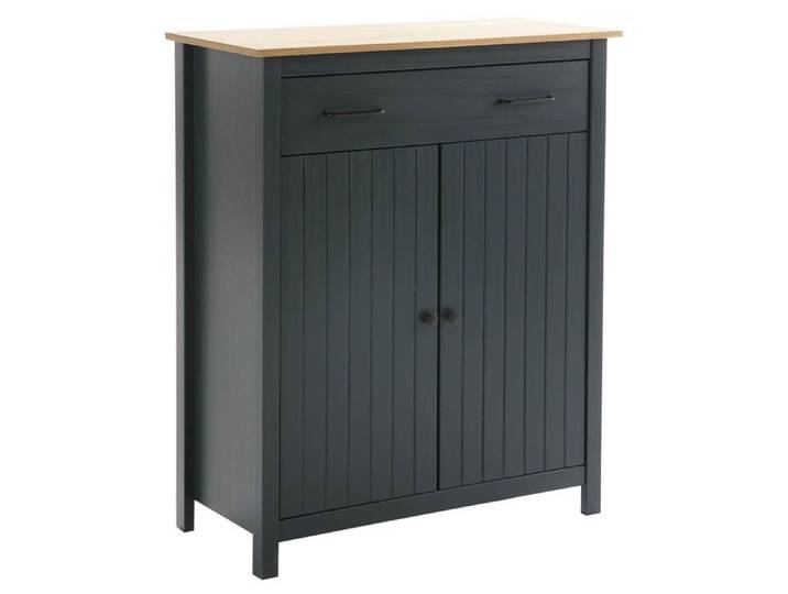 TINA - Meuble Haut 2 Portes 1 Tiroir Bois Ciré et Bleu Pétrole