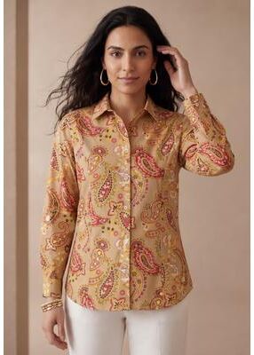 Plus Size Women's Stretch Cotton Poplin Button Down Shirt by Jessica London in New Khaki Playful Paisley (Size 30 W) Button Down Blouse