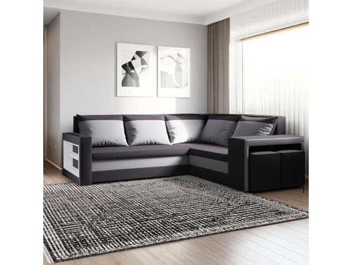 FORNIRO 24 Malabo L Ecksofa 220x202cm Graphit Wohnzimmer Couch Schlafsofa Mit Schlaffunktion & Bettkasten - L-Form - Kissen - Hocker - Stoff Komfort ausziehbar Gäste bequem Stauraum Design Eckcouch