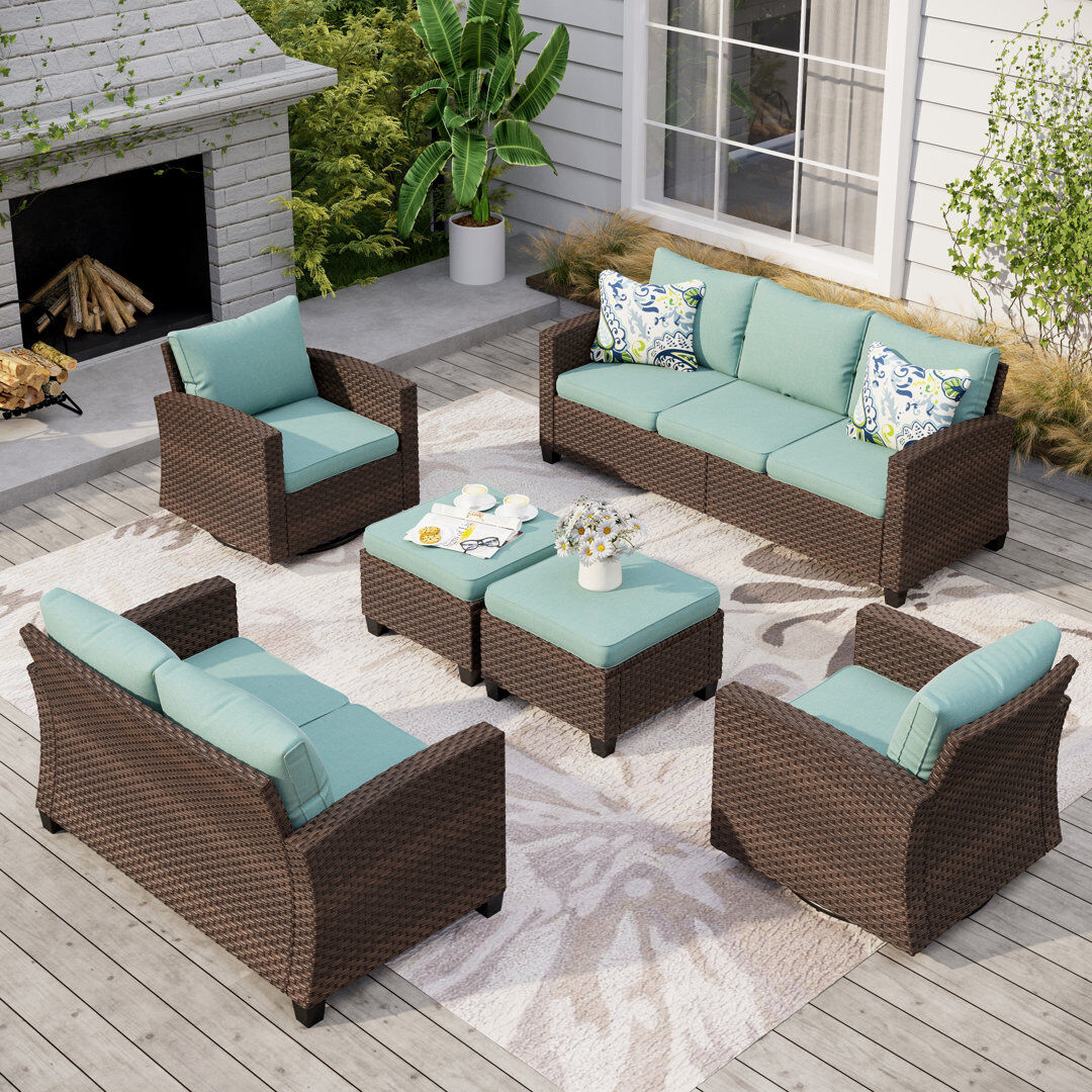 Blue Elephant 9 - Person Outdoor Wicker Patio Conversation Furniture Set with Swivel Chairs Blue 9