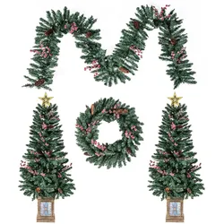 COSTWAY 2er Set Weihnachtsbäume im Topf 120cm, mit Girlande, Kranz, Zapfen, Beeren & Stern, grün.